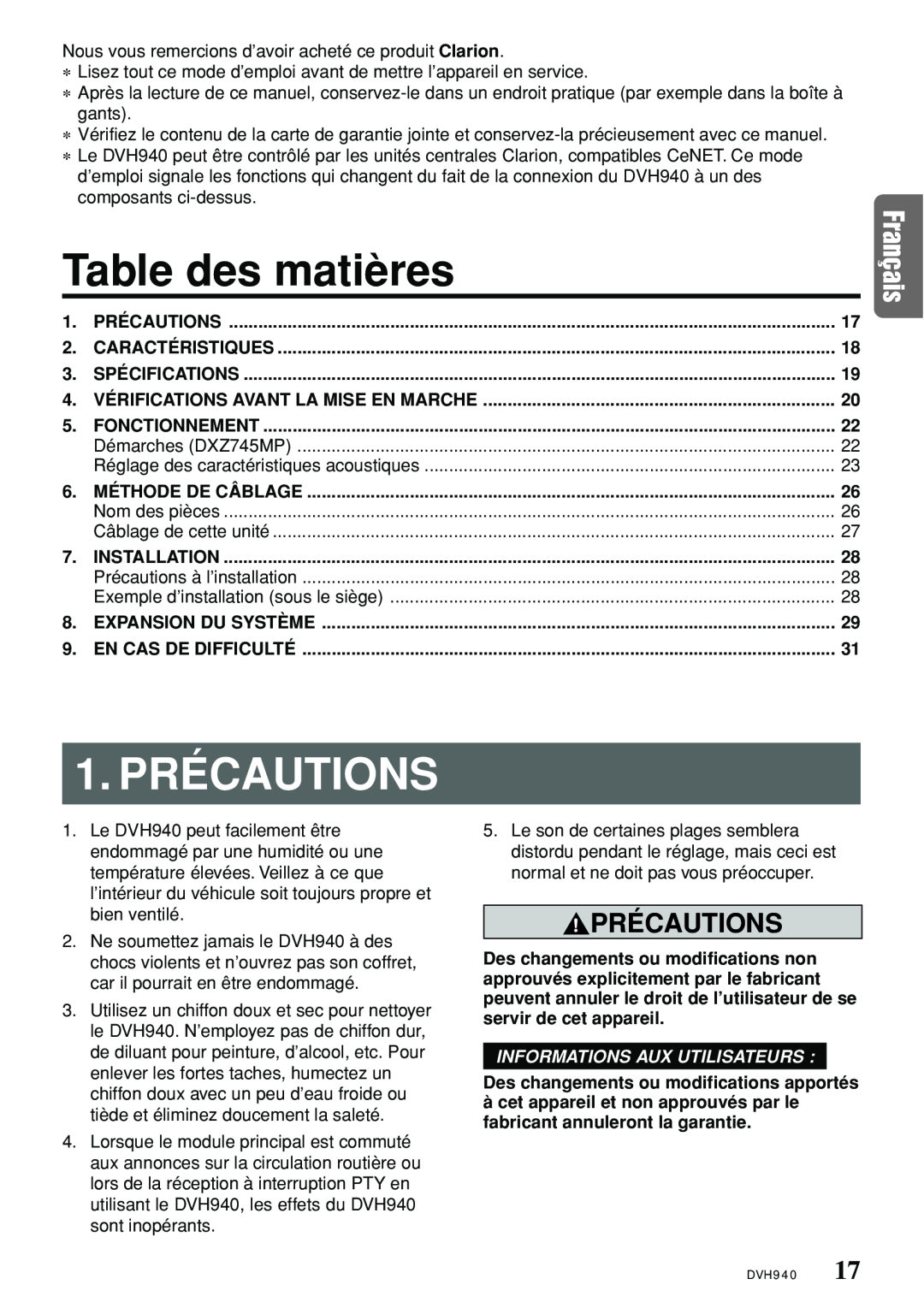 Clarion DVH940N owner manual Table des matières, 1.PRÉCAUTIONS, Précautions, Informations Aux Utilisateurs 