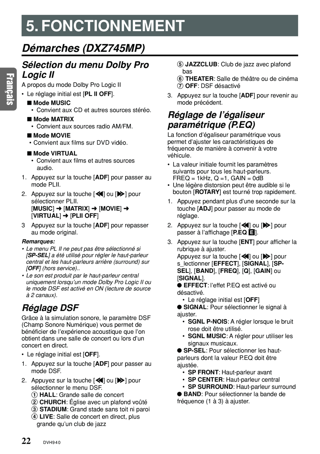 Clarion DVH940N owner manual Fonctionnement, Démarches DXZ745MP 
