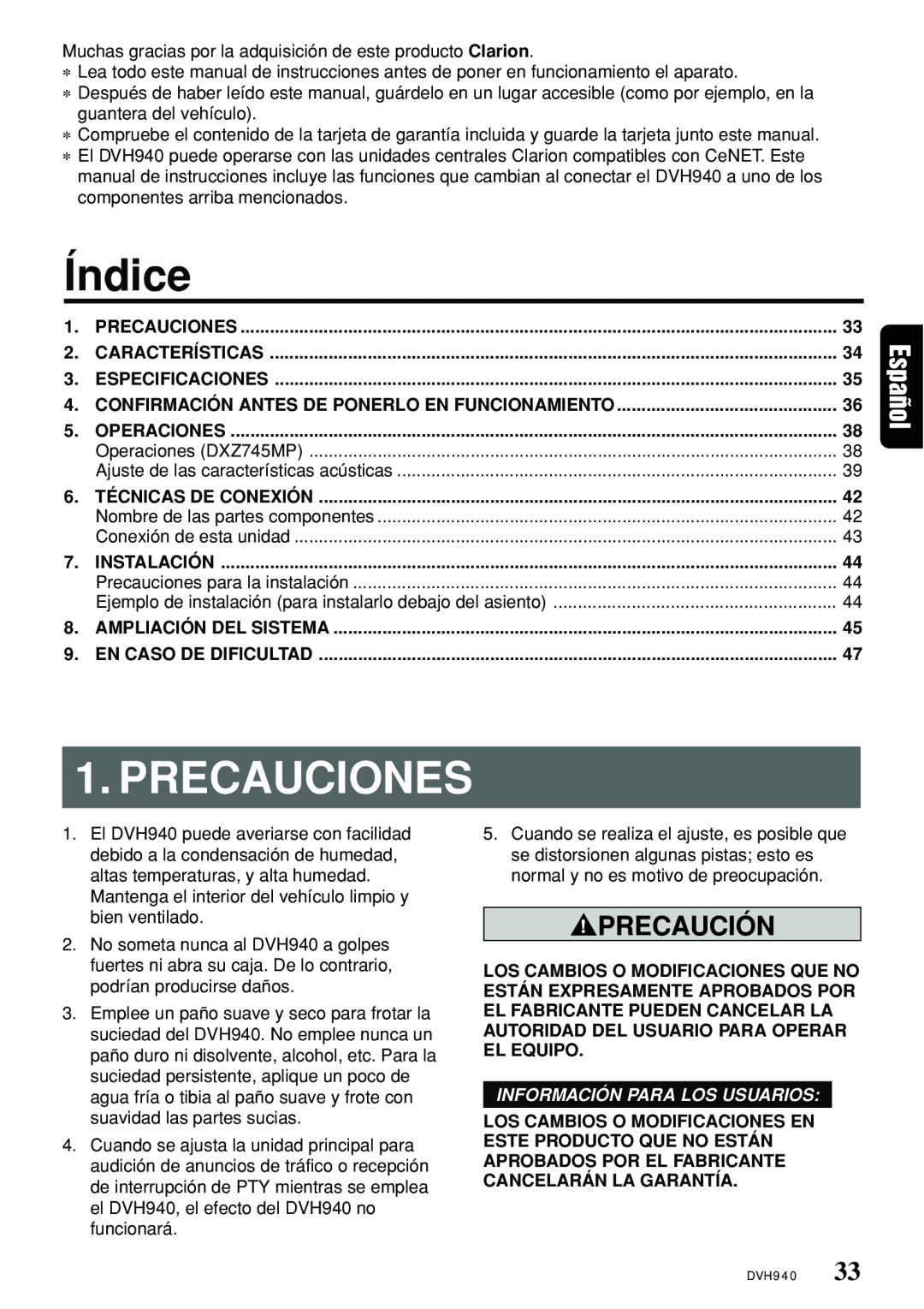 Clarion DVH940N owner manual Índice, Precauciones, Precaución, Información Para Los Usuarios 