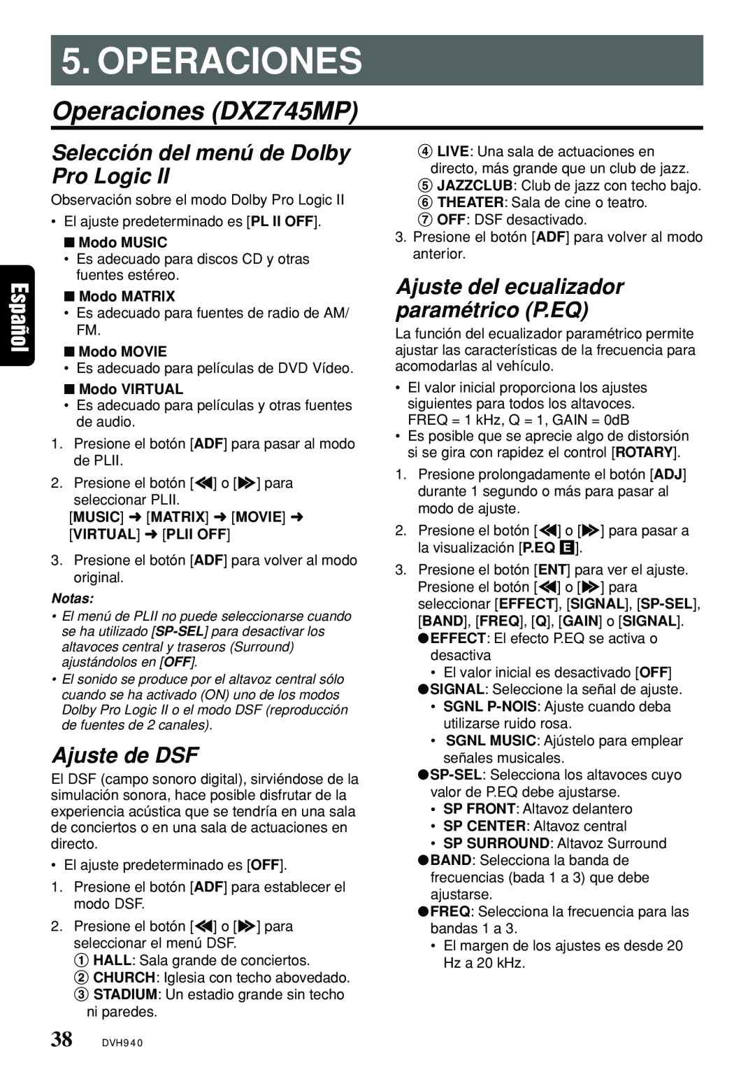 Clarion DVH940N owner manual Operaciones DXZ745MP 