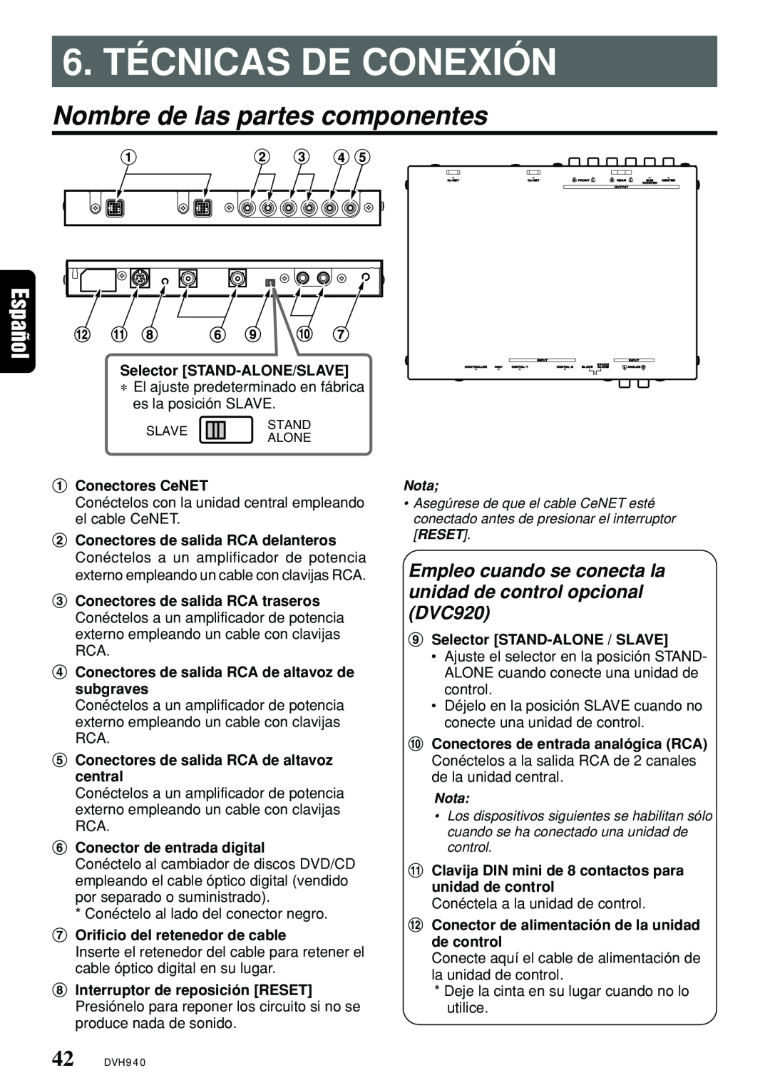 Clarion DVH940N owner manual 6. TÉCNICAS DE CONEXIÓN, Nombre de las partes componentes 