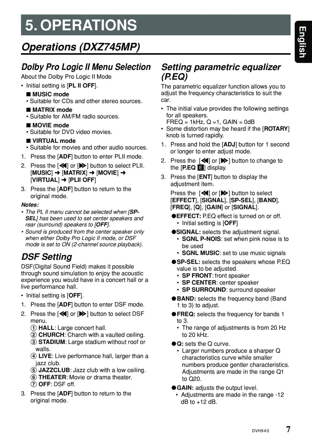 Clarion DVH940N owner manual Operations DXZ745MP, English, Dolby Pro Logic II Menu Selection 