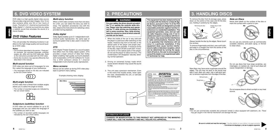 Clarion DVS9755z warranty DVD Video System Precautions Handling Discs, DVD Video Features 