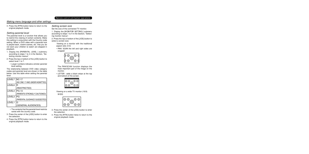 Clarion DVS9755z warranty Making menu language and other settings, Setting parental level, Setting screen size 