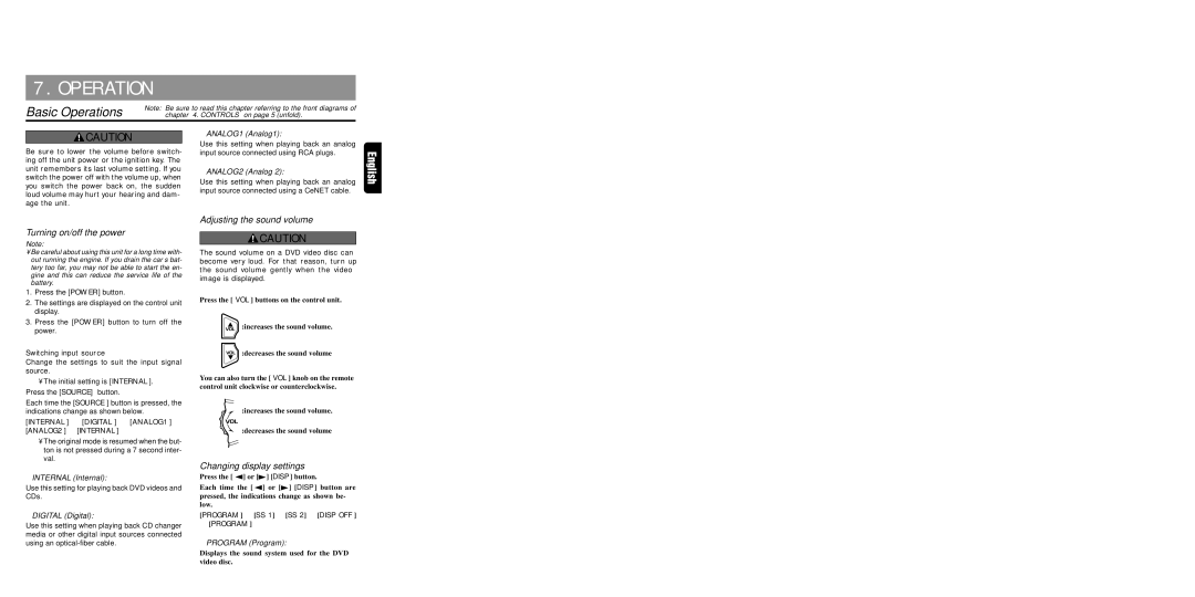 Clarion DVS9755z Basic Operations, Turning on/off the power, Adjusting the sound volume, Changing display settings 