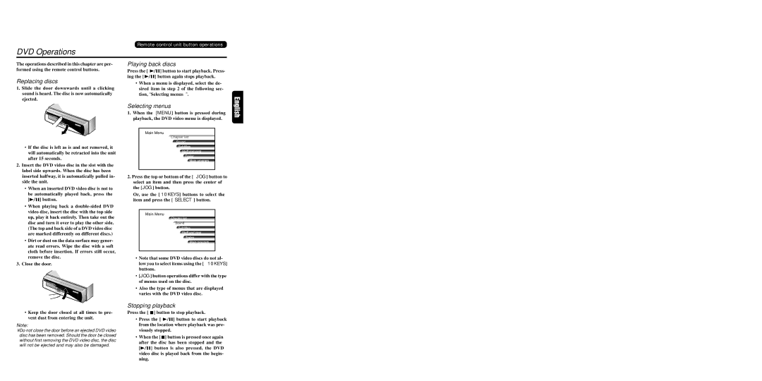 Clarion DVS9755z warranty DVD Operations, Replacing discs, Playing back discs, Selecting menus, Stopping playback 
