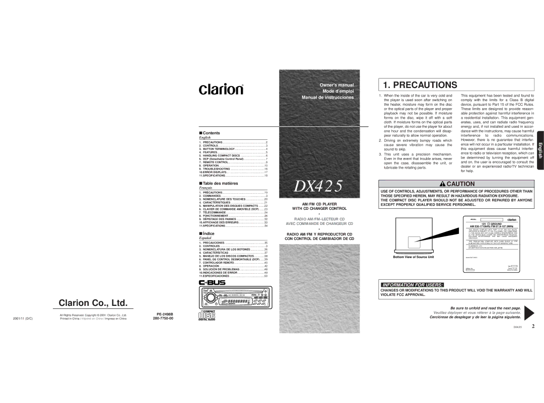 Clarion DX425 owner manual Contents, Table des matières, Índice 