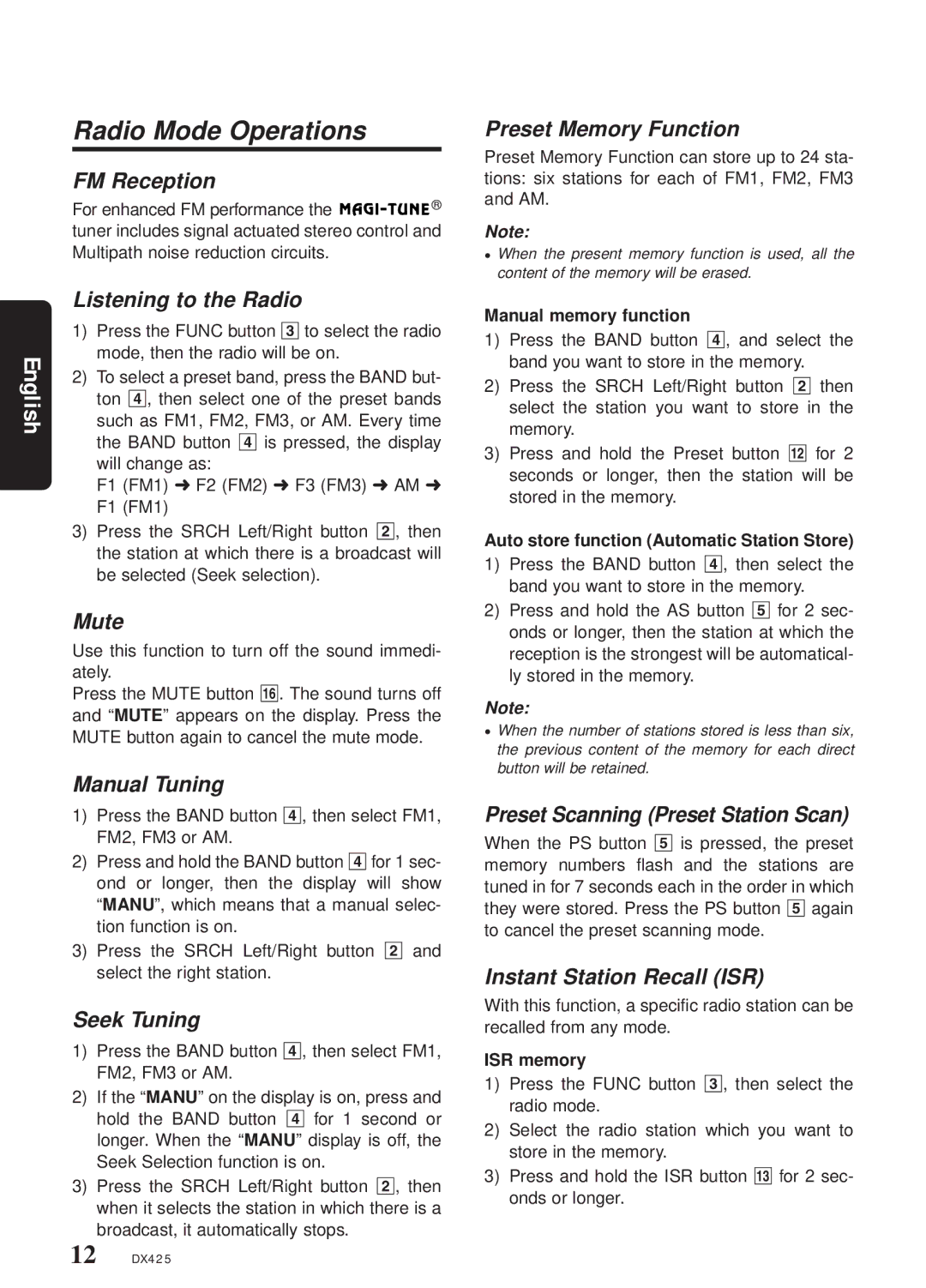 Clarion DX425 owner manual Radio Mode Operations 