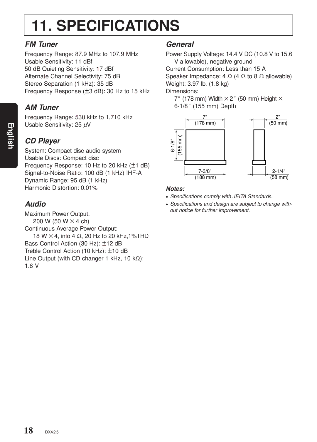 Clarion DX425 owner manual Specifications 