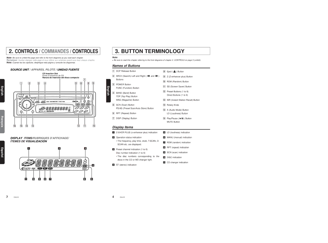 Clarion DX425 owner manual Names of Buttons, Display Items 