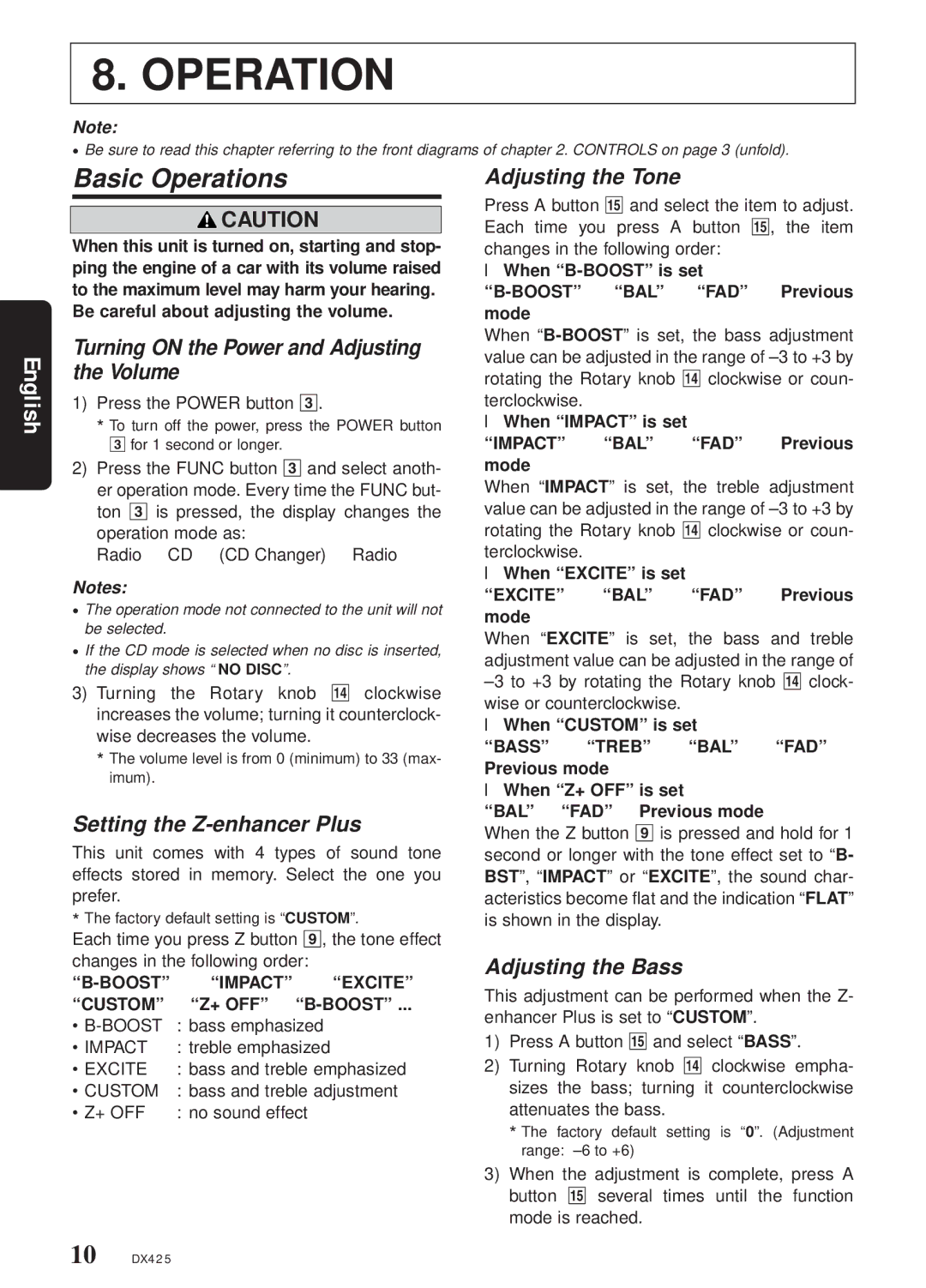 Clarion DX425 owner manual Basic Operations 