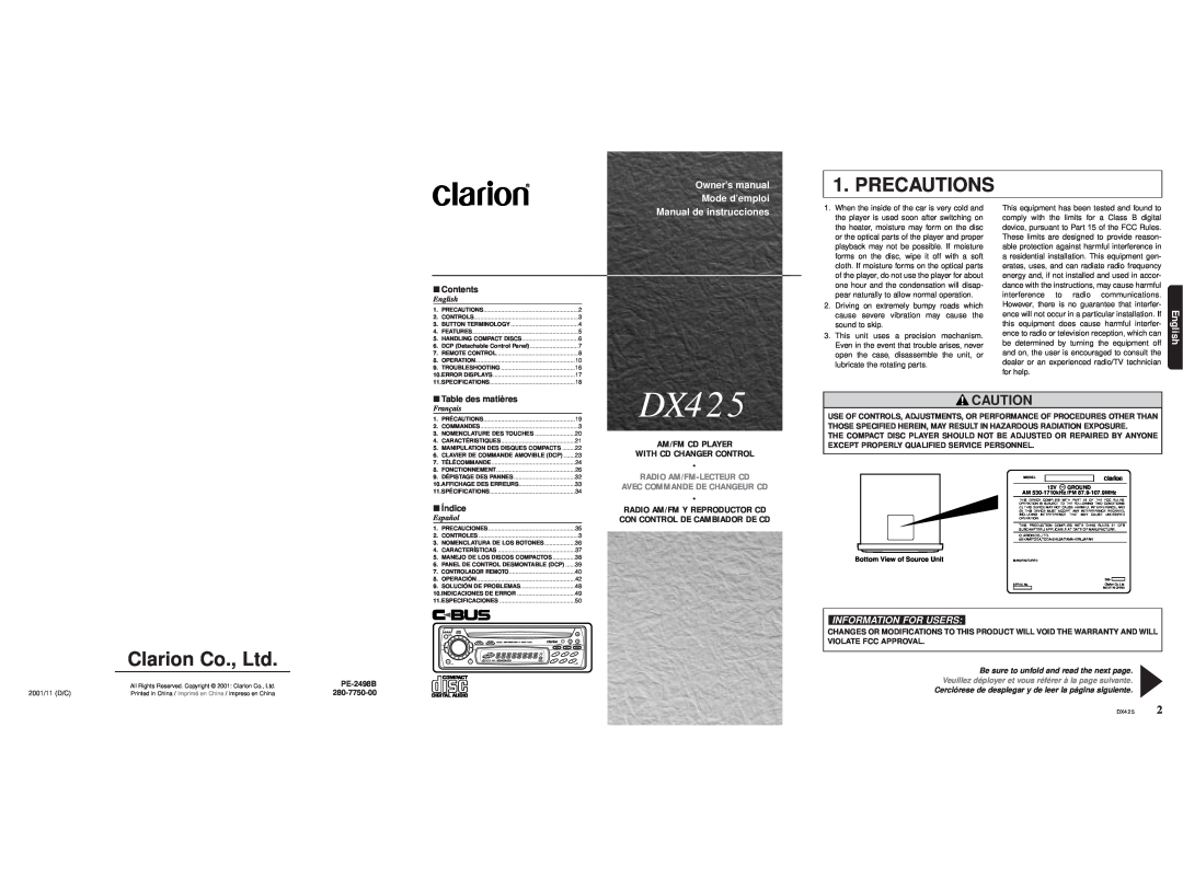 Clarion DX425 owner manual Precautions, English, Manual de instrucciones, Am/Fm Cd Player With Cd Changer Control, Español 