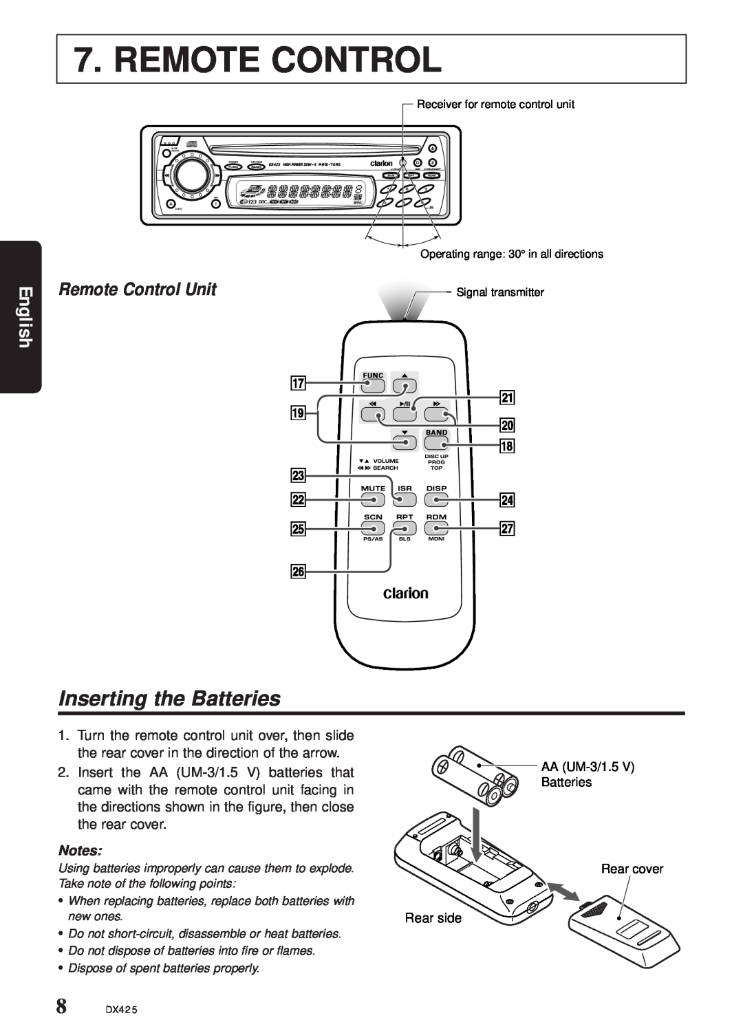 Clarion DX425 owner manual Inserting the Batteries, Remote Control Unit, English, £ ª ¢ 
