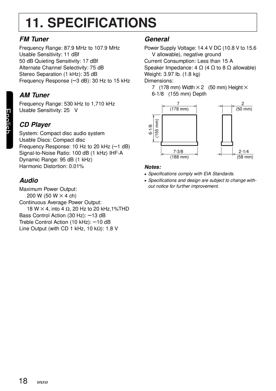 Clarion DX515 owner manual Specifications 