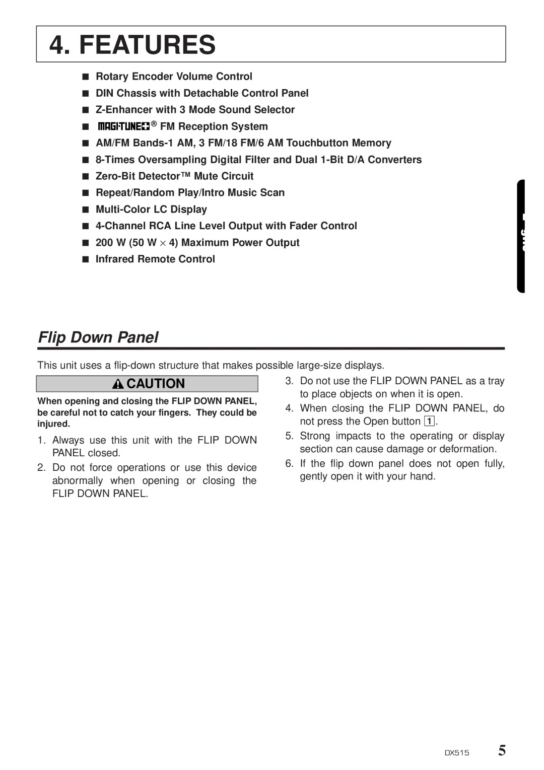 Clarion DX515 owner manual Features, Flip Down Panel 