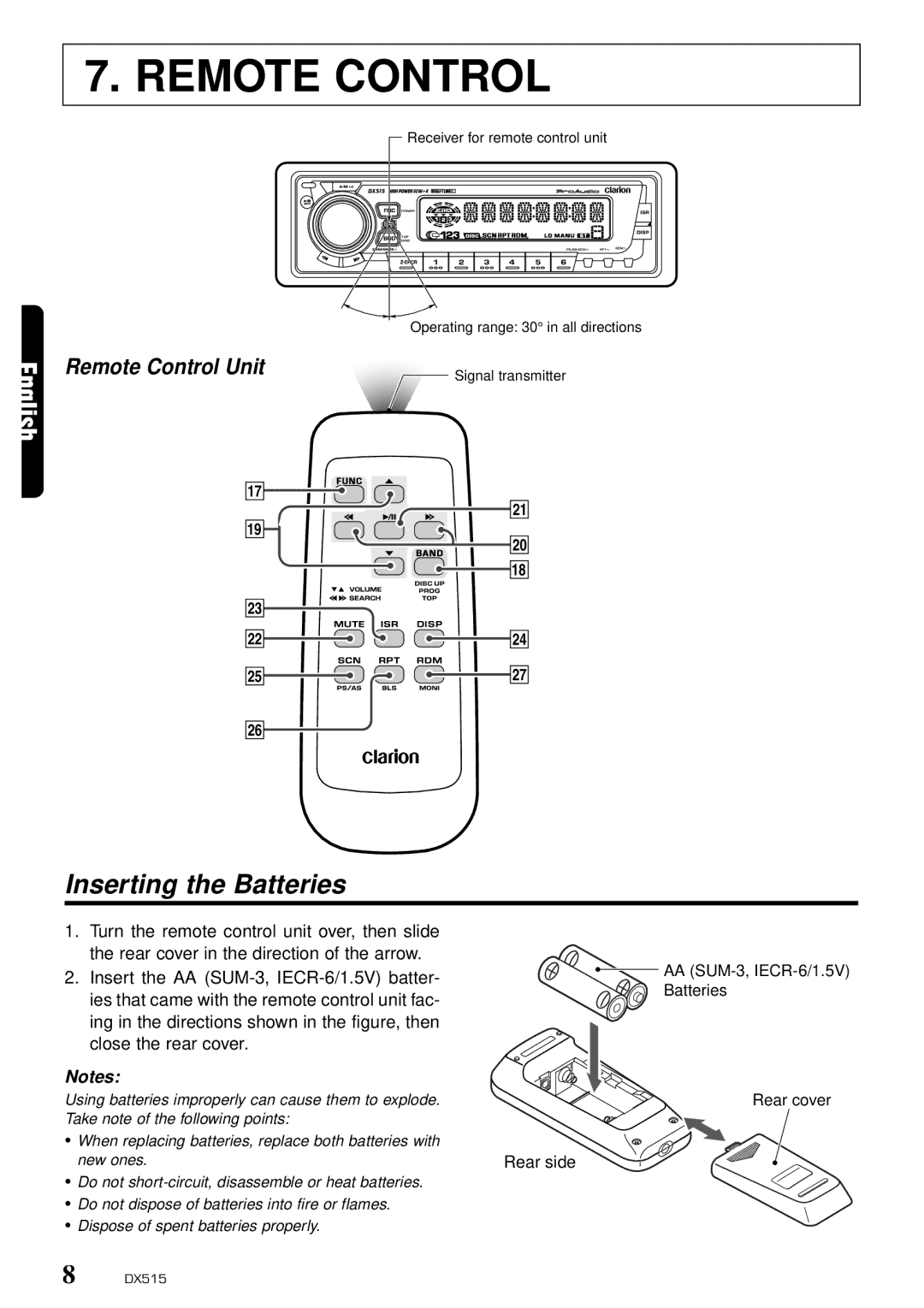 Clarion DX515 owner manual Inserting the Batteries, Remote Control Unit 