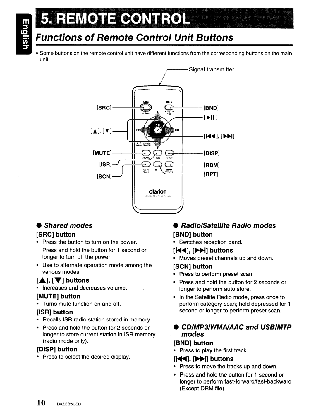 Clarion DXZ385US8 owner manual Functions of Remote Control Unit Buttons, Shared modes Radio/Satellite Radio modes 