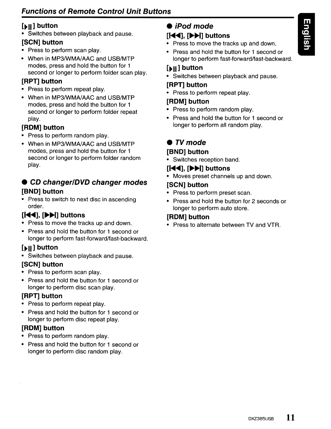 Clarion DXZ385US8 owner manual IPod mode, TV mode 