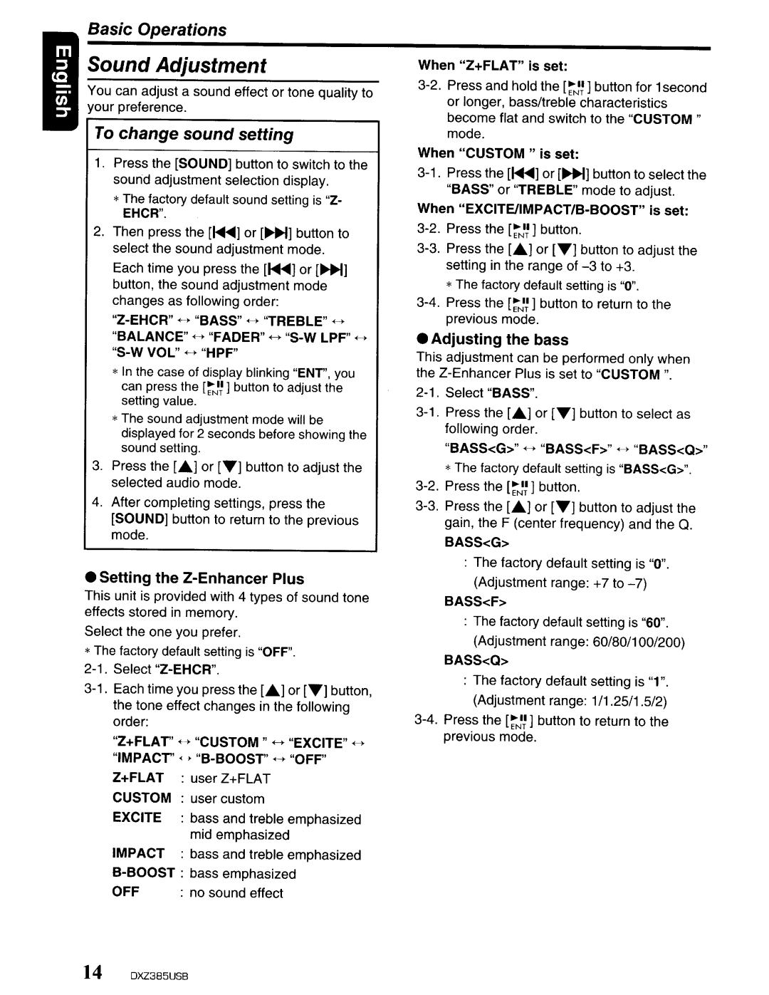 Clarion DXZ385US8 owner manual Basic Operations, To change sound setting 