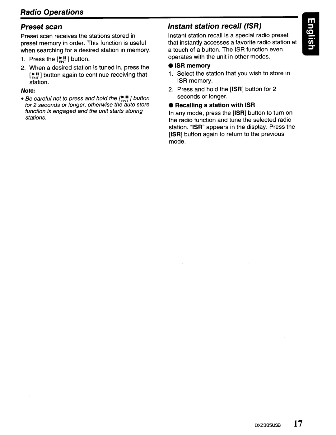 Clarion DXZ385US8 owner manual Radio Operations Preset scan 