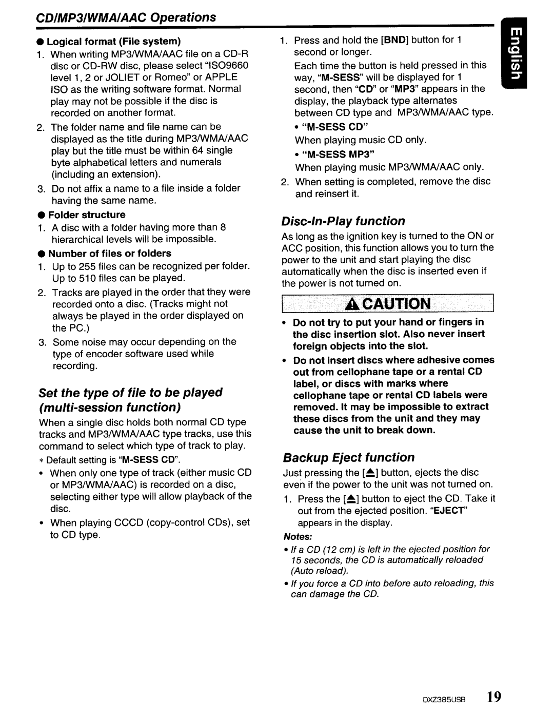 Clarion DXZ385US8 owner manual CDIMP31WMAIAAC Operations, Set the type of file to be played multi-session function 