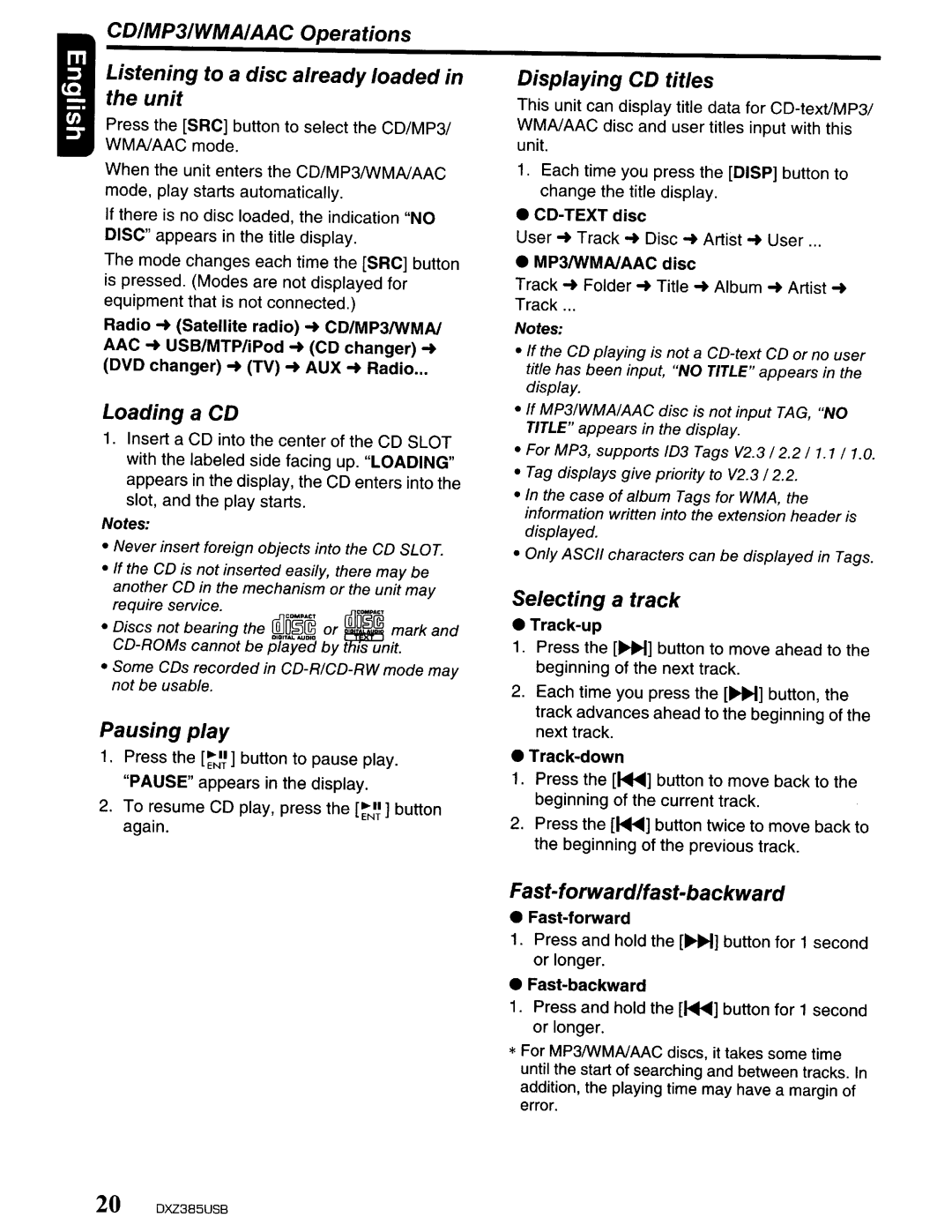 Clarion DXZ385US8 Loading a CD, Pausing play, Displaying CD titles, Selecting a track, Fast-forwardlfast-backward 