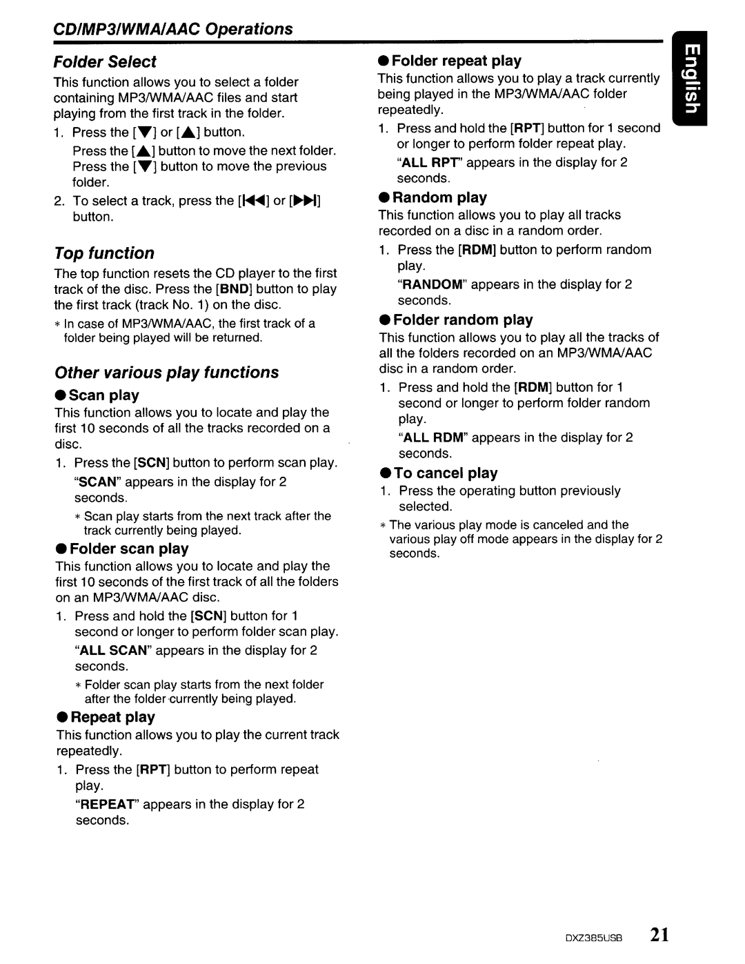 Clarion DXZ385US8 owner manual CDIMP31WMAIAAC Operations Folder Select, Top function, Other various play functions 