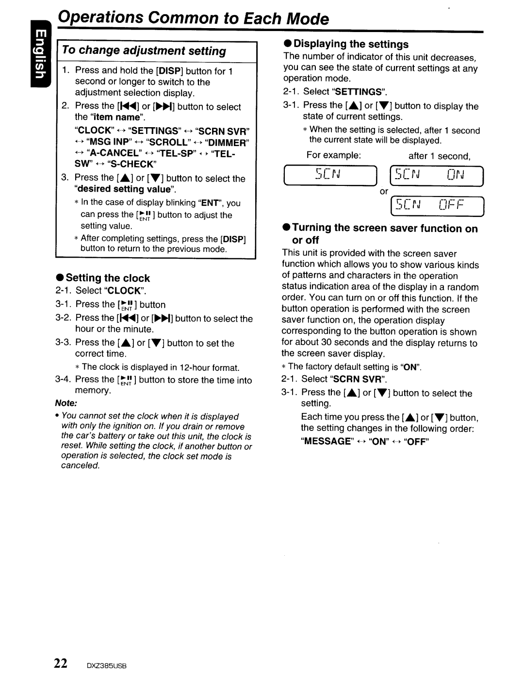 Clarion DXZ385US8 Operations Common to Each Mode, To change adjustment setting, Setting the clock, Displaying the settings 