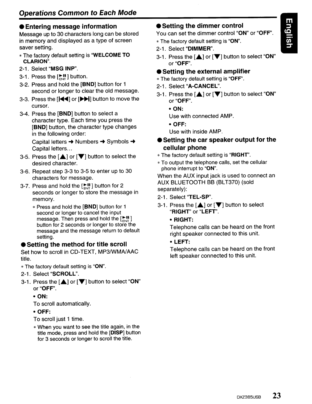 Clarion DXZ385US8 Entering message information, Setting the method for title scroll, Setting the dimmer control 