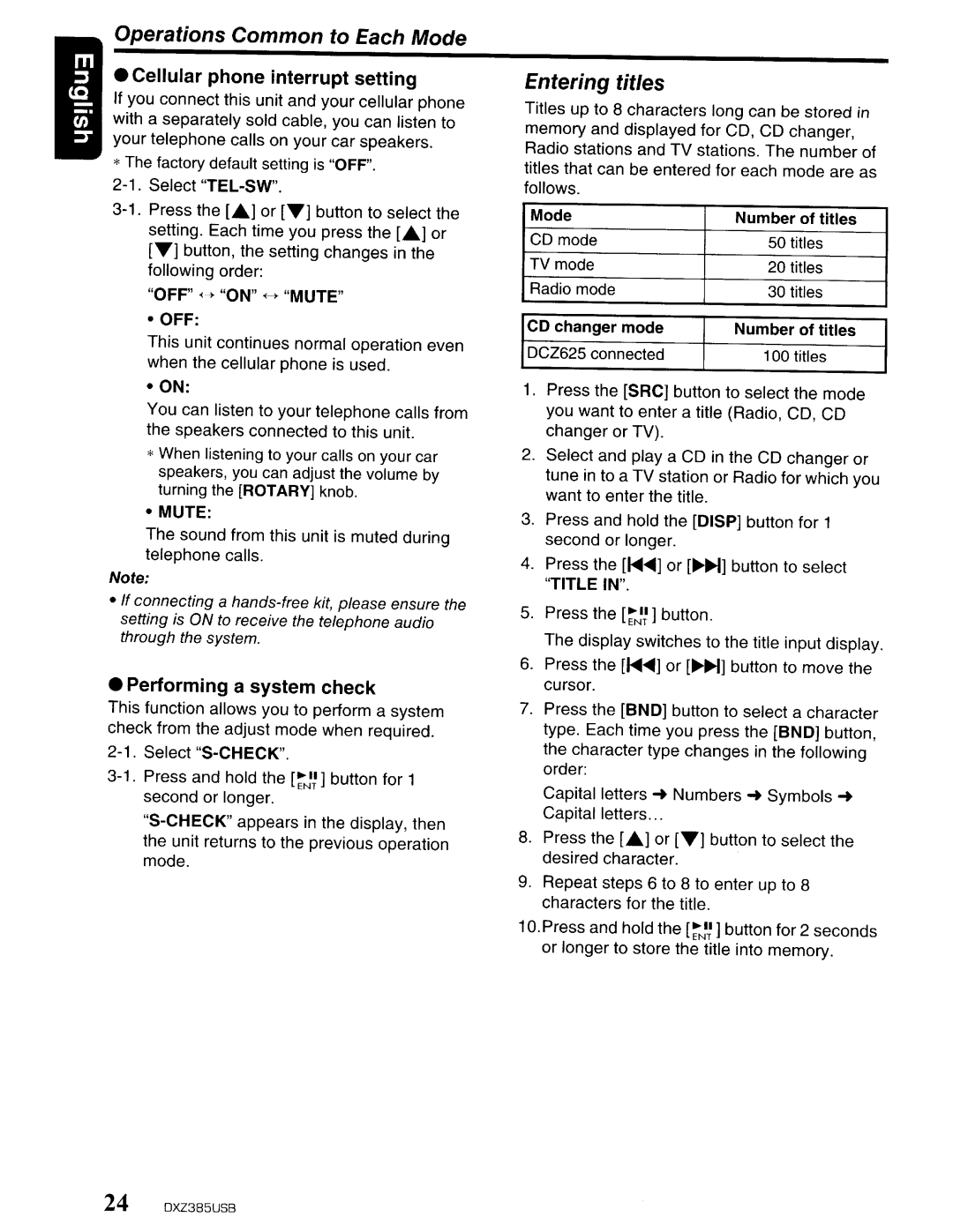 Clarion DXZ385US8 owner manual Operations Common to Each Mode, Entering titles 