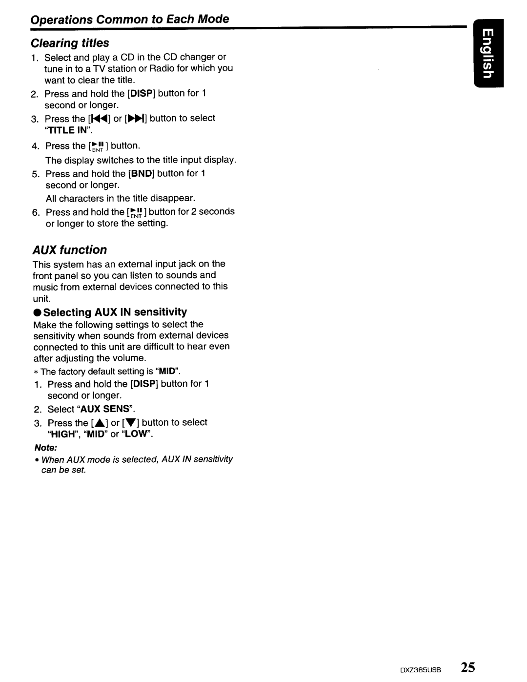 Clarion DXZ385US8 owner manual Operations Common to Each Mode Clearing titles, Selecting AUX in sensitivity 