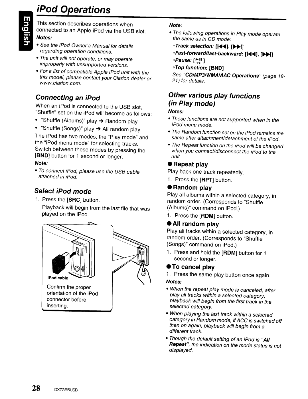 Clarion DXZ385US8 owner manual IPod Operations 