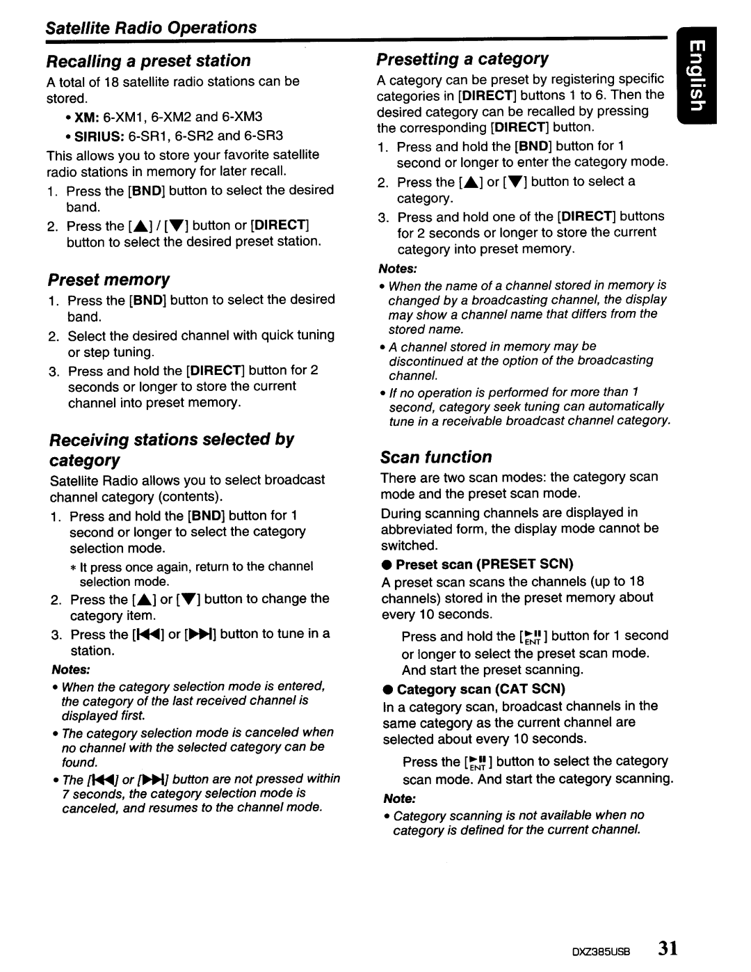 Clarion DXZ385US8 owner manual Satellite Radio Operations Recalling a preset station 