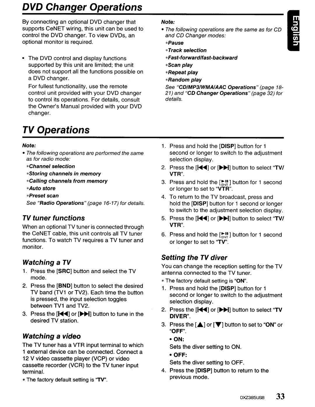 Clarion DXZ385US8 owner manual DVD Changer Operations, TV Operations 