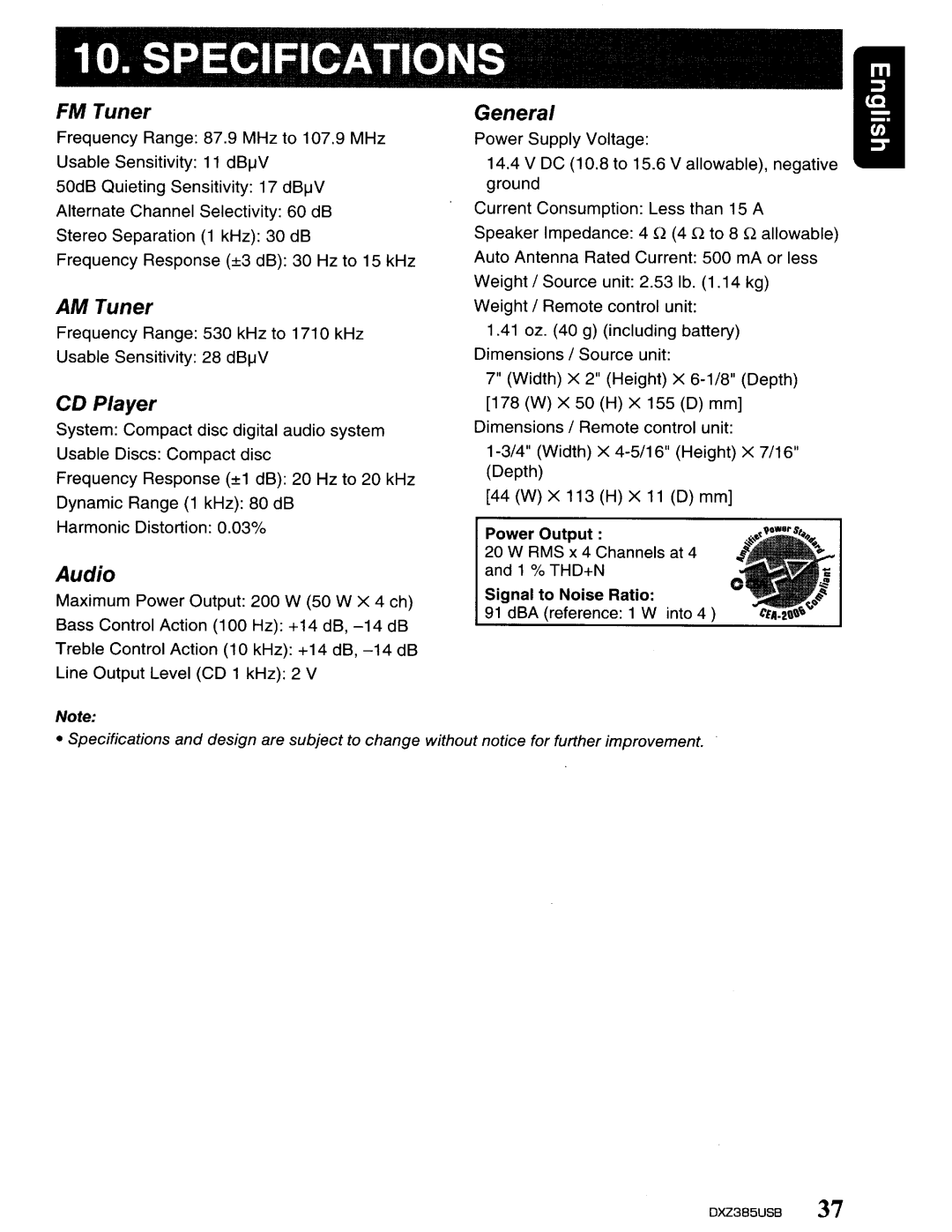 Clarion DXZ385US8 owner manual Specifications, FM Tuner 