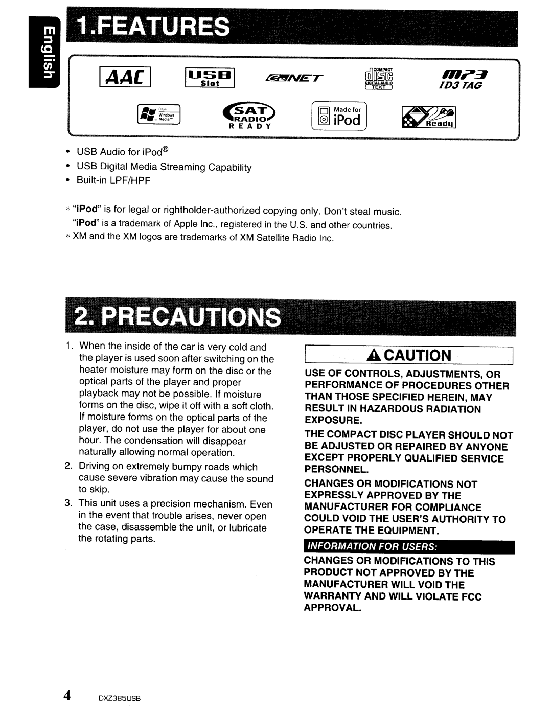 Clarion DXZ385US8 owner manual Features 