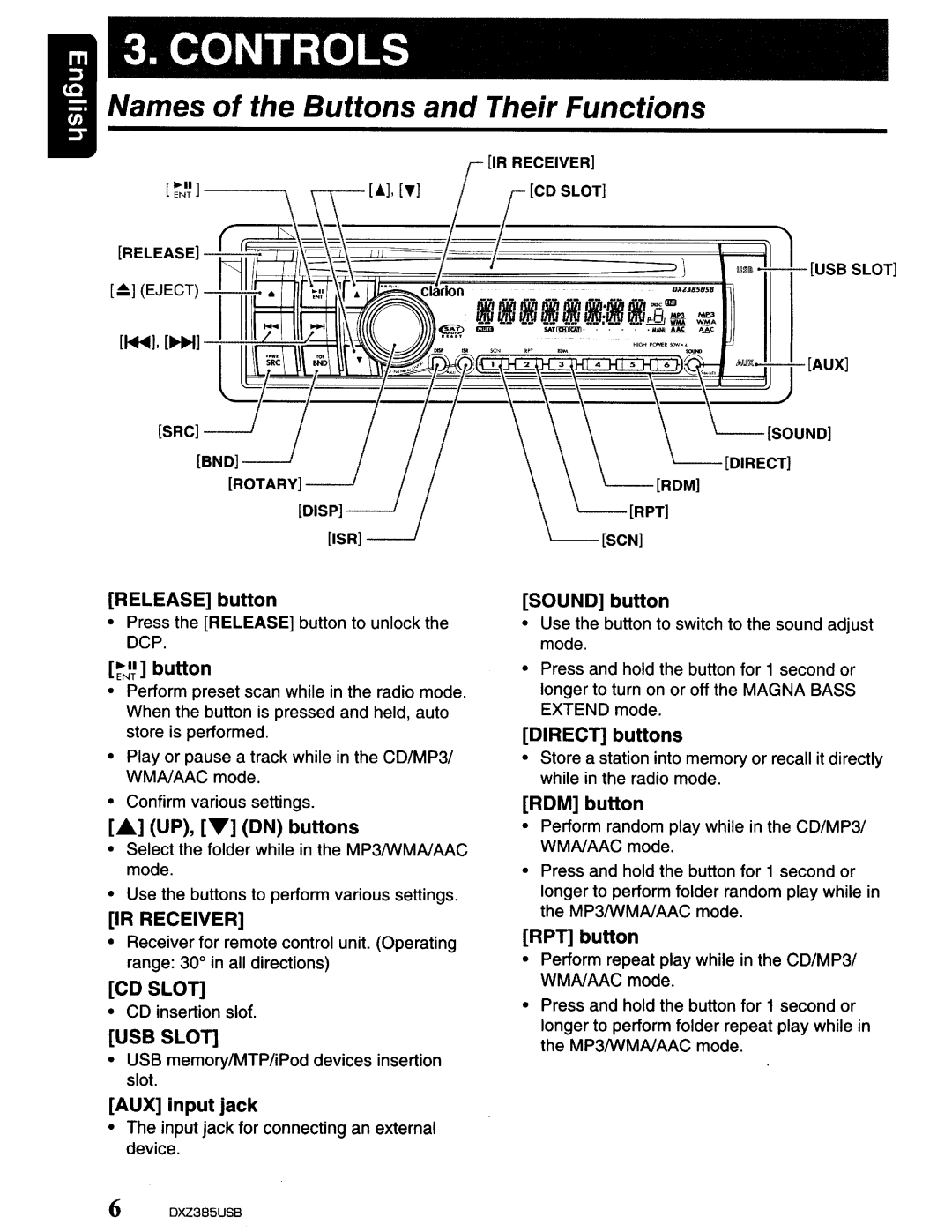 Clarion DXZ385US8 owner manual Controls, Names of the Buttons and Their Functions 