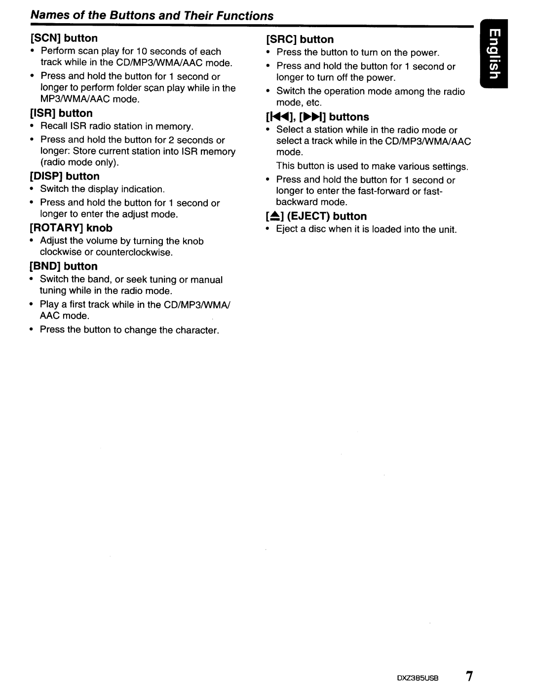 Clarion DXZ385US8 owner manual Names of the Buttons and Their Functions 