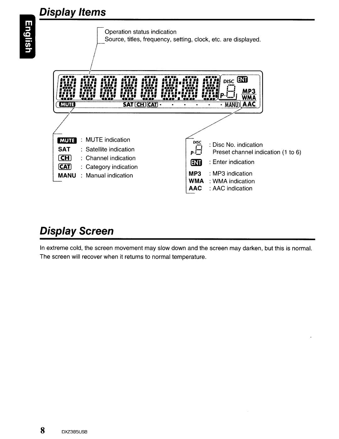 Clarion DXZ385US8 owner manual Display Items 