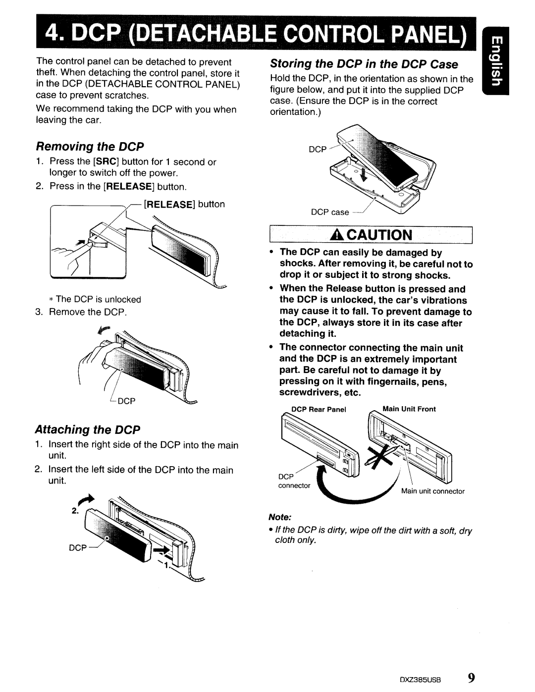 Clarion DXZ385US8 owner manual Storing the DCP in the DCP Case, Removing the DCP, Attaching the DCP 