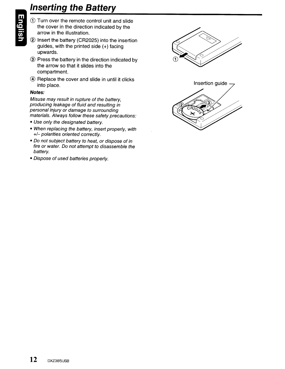 Clarion DXZ385US8 owner manual Inserting the Battery 