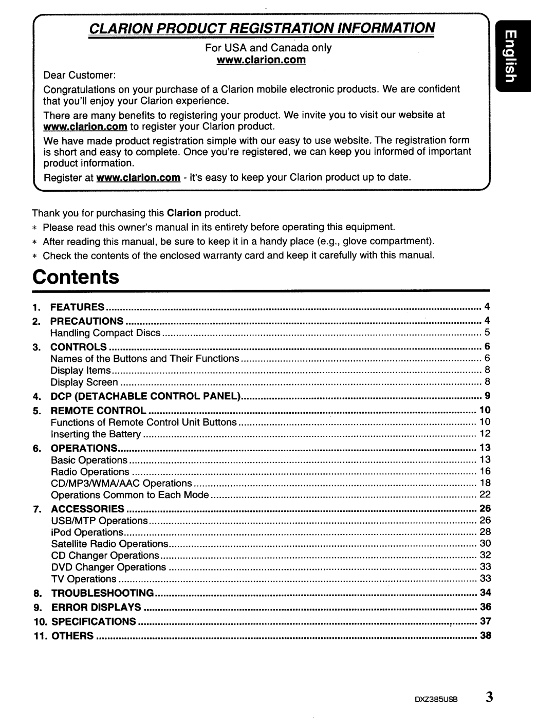 Clarion DXZ385US8 owner manual Contents, Clarion Product Registration Information 