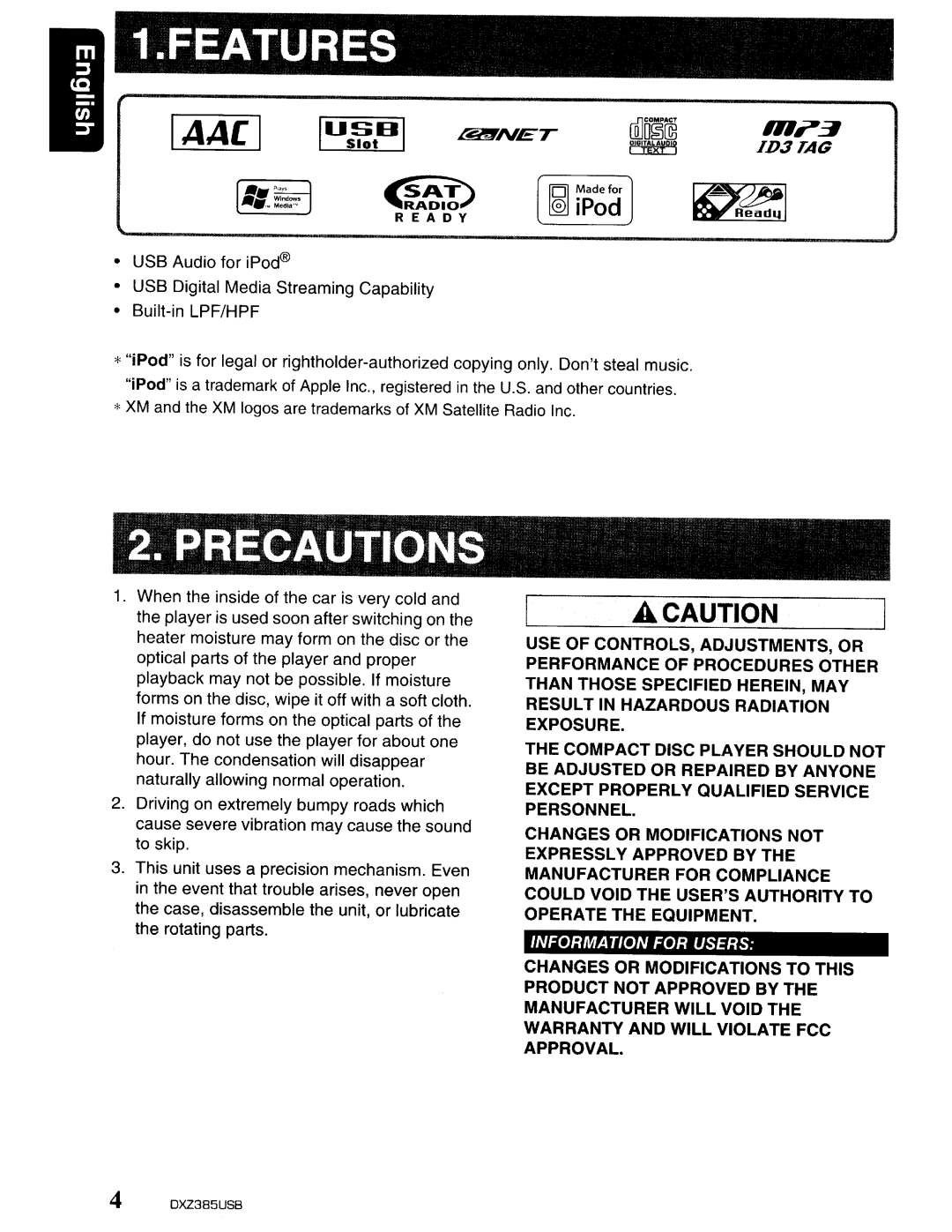 Clarion DXZ385US8 owner manual Features, Precautions, A Caution, IAACI IUS~tHI rB!fINET, RA~IO- @J iPod, ID3TAG 