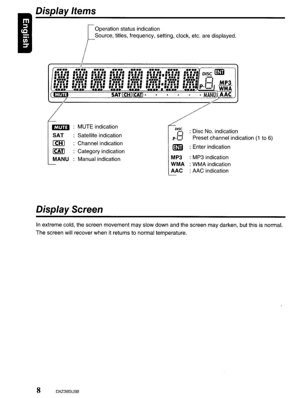 Clarion DXZ385US8 owner manual Display Items, Display Screen, lIn lIn, •••••, • •••, •.•••• 