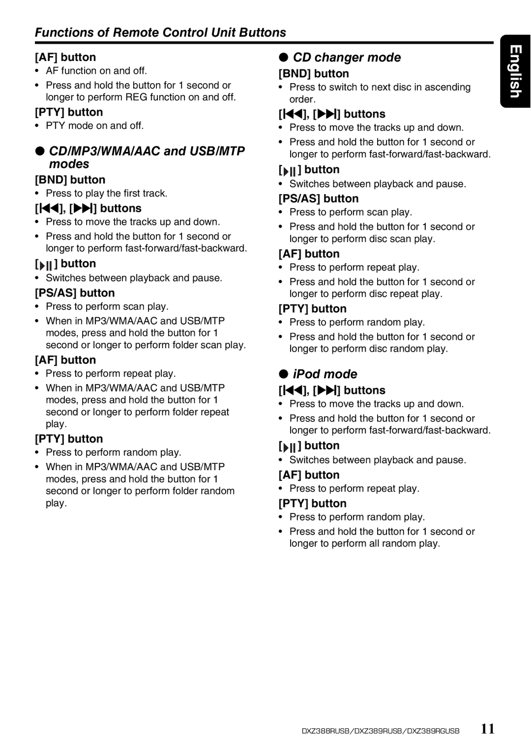 Clarion DXZ388RUSB Functions of Remote Control Unit Buttons, CD/MP3/WMA/AAC and USB/MTP modes, CD changer mode, IPod mode 