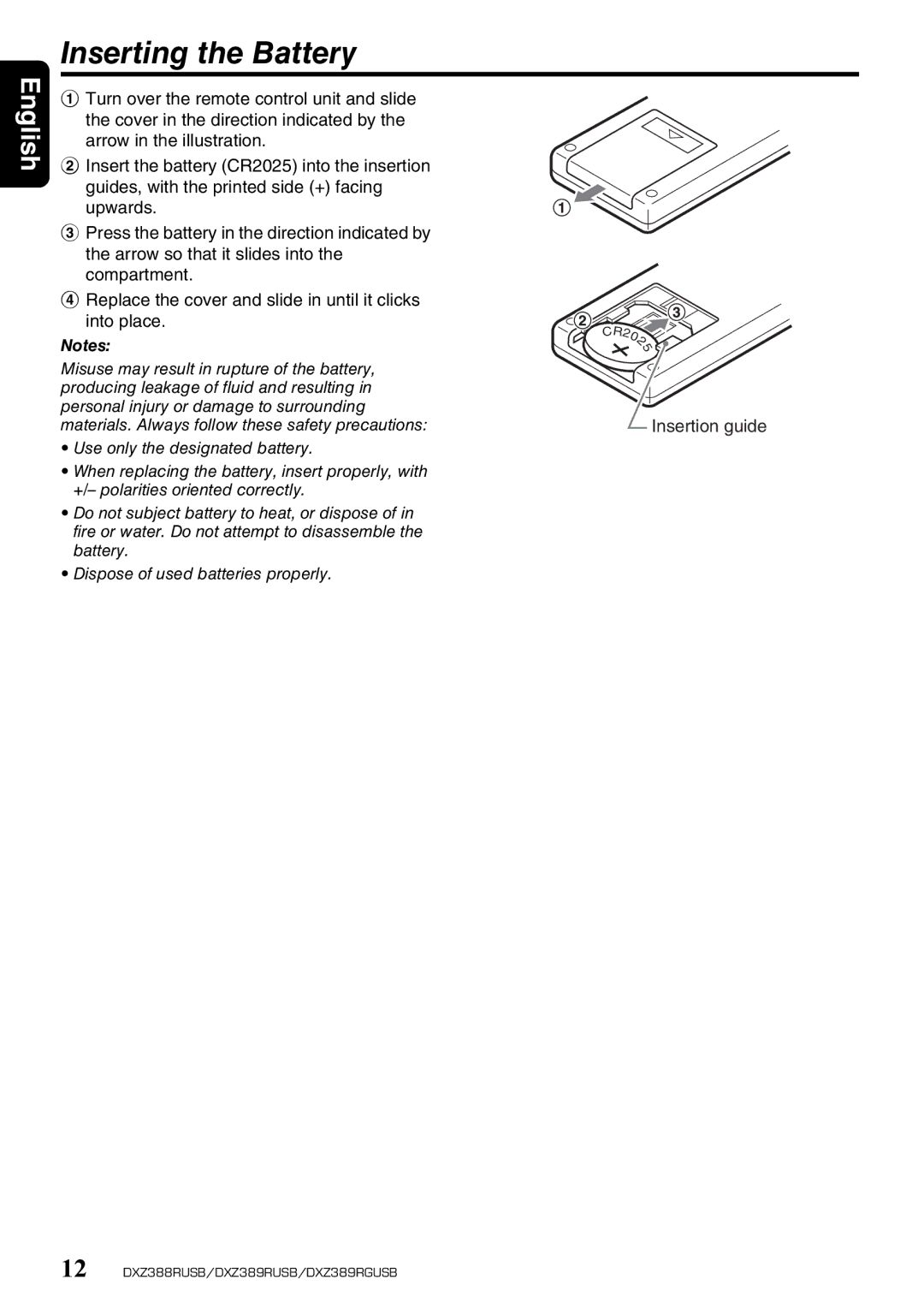 Clarion DXZ389RGUSB, DXZ389RUSB, DXZ388RUSB owner manual Inserting the Battery, CR20 2 Insertion guide 