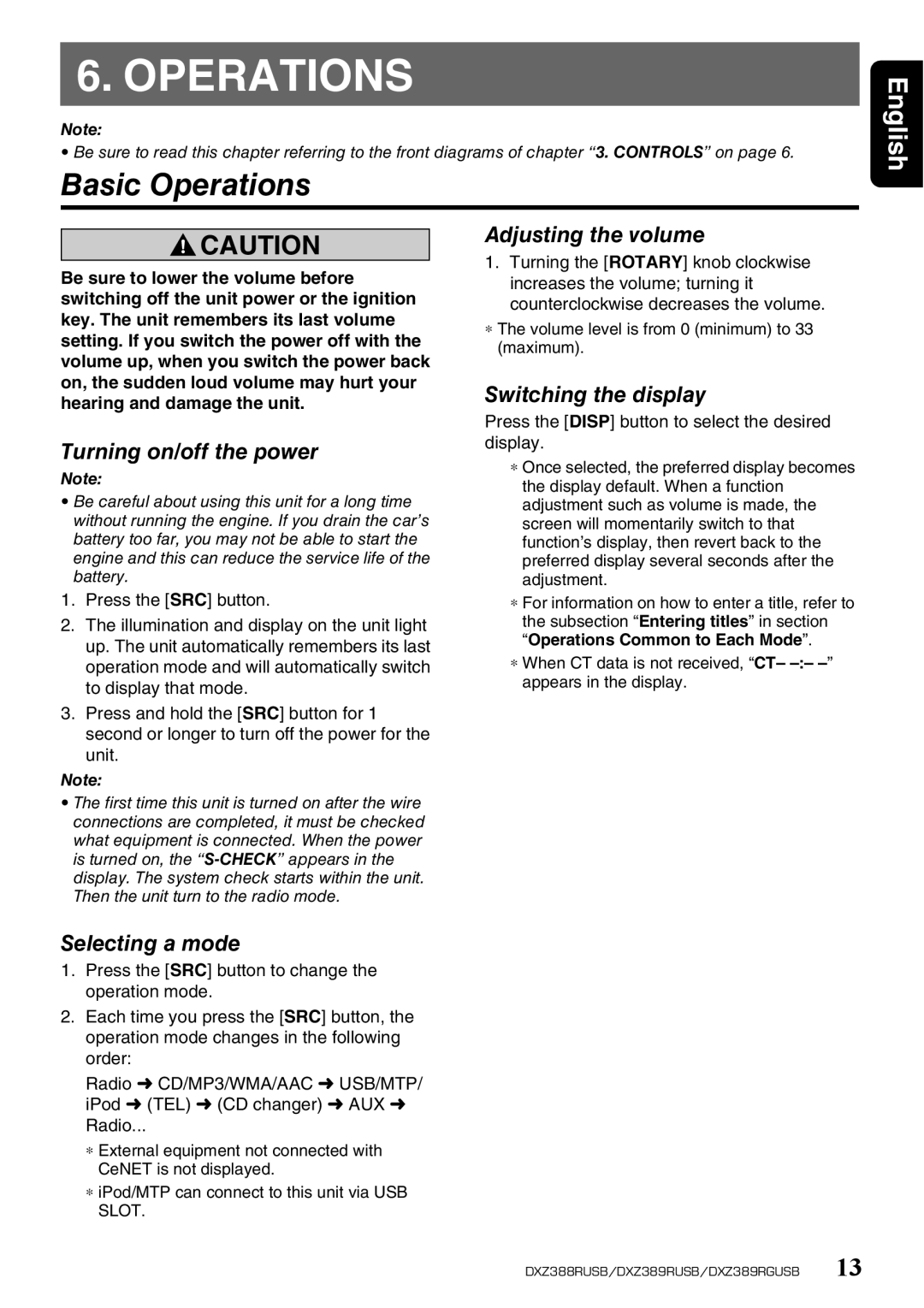 Clarion DXZ389RUSB, DXZ389RGUSB, DXZ388RUSB owner manual Basic Operations 