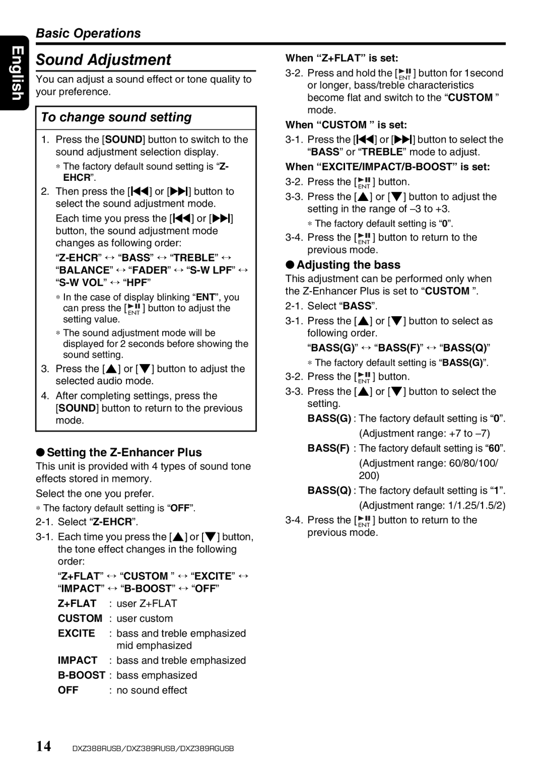 Clarion DXZ388RUSB, DXZ389RGUSB Basic Operations, To change sound setting, Adjusting the bass, Setting the Z-Enhancer Plus 