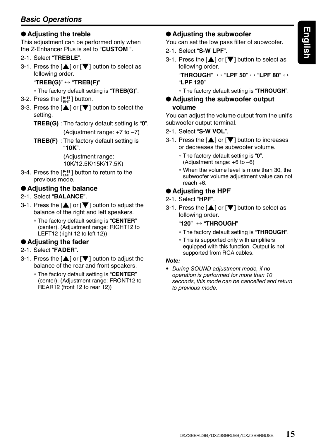 Clarion DXZ389RGUSB, DXZ389RUSB Adjusting the treble, Adjusting the balance, Adjusting the fader, Adjusting the subwoofer 