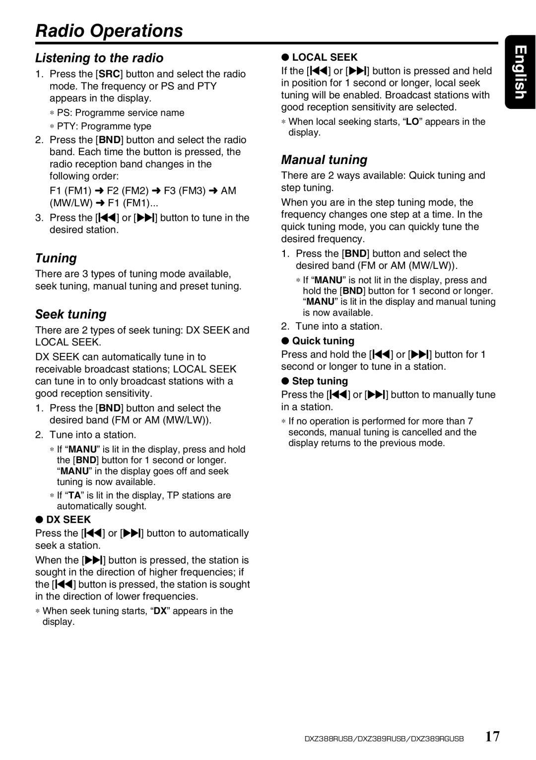 Clarion DXZ388RUSB, DXZ389RGUSB, DXZ389RUSB Radio Operations, Listening to the radio, Tuning, Seek tuning, Manual tuning 